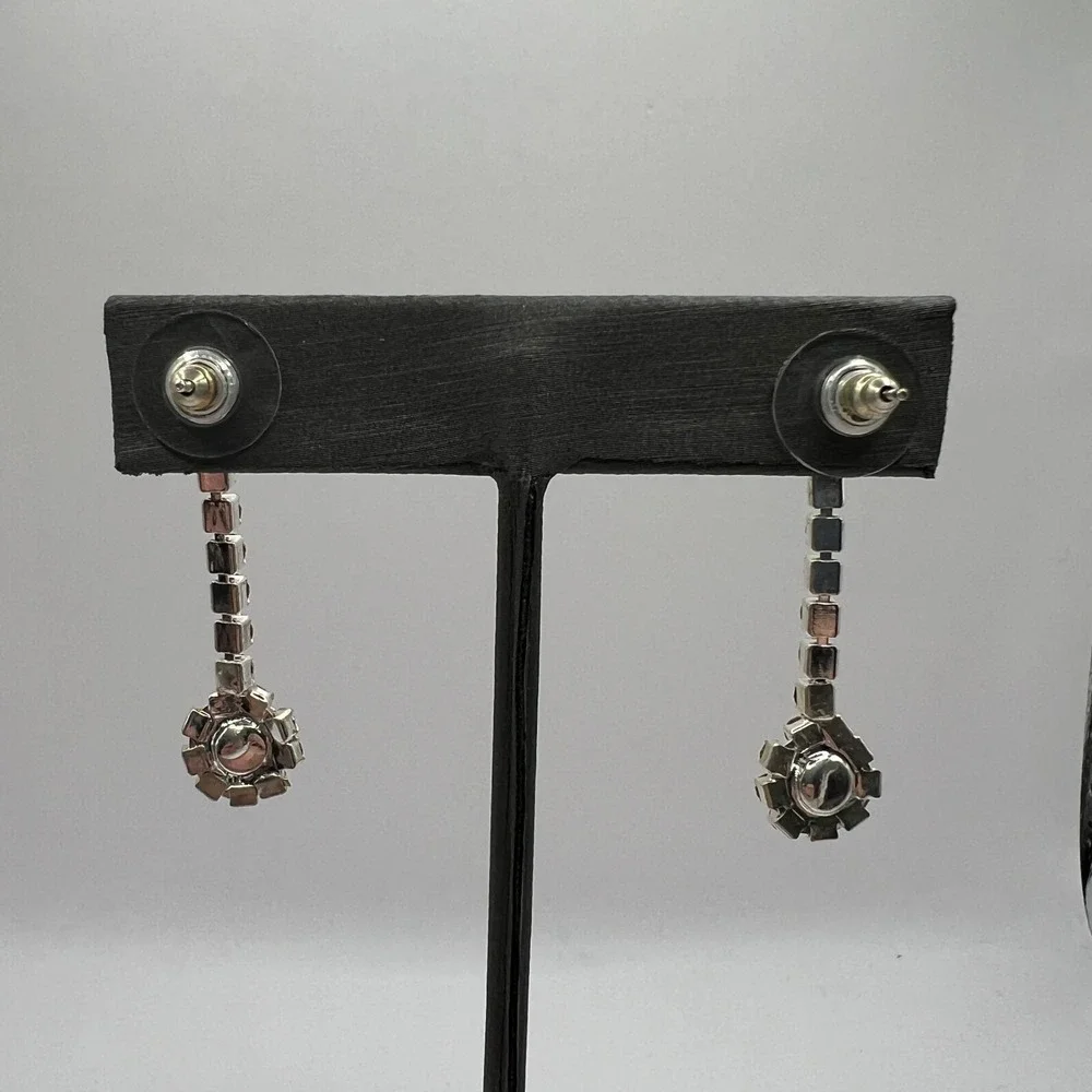 Vintage Pierced Earrings Clear Rhinestones Dangle‎ Drop Silver Tone Statement